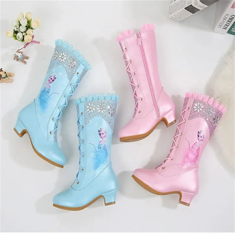 Color: Pink, Shoe Size: 23.5 - Disney Girls' Leather Boots Winter Frozen Boots Side Zipper High Plush Princess Elsa Boots Warm Children's Boots Size 27-37