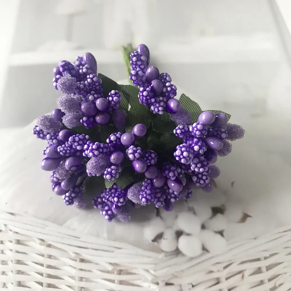 Color: WHITE - 12PCS/lot Artificial Flower Small Berries Stamen Wire Stem/marriage Leaves DIY Wreath Wedding Scrapbooking Box Decoration Craft