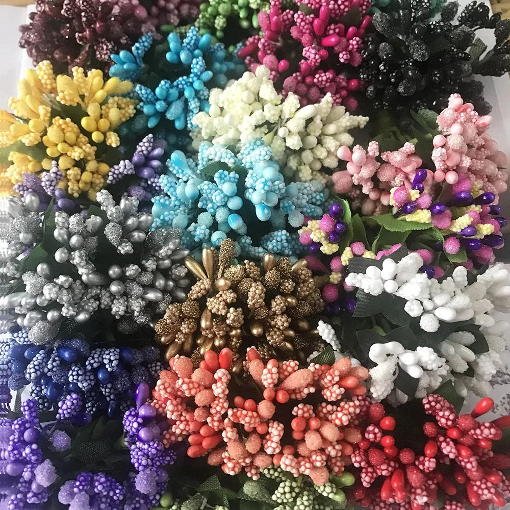 Color: WHITE - 12PCS/lot Artificial Flower Small Berries Stamen Wire Stem/marriage Leaves DIY Wreath Wedding Scrapbooking Box Decoration Craft