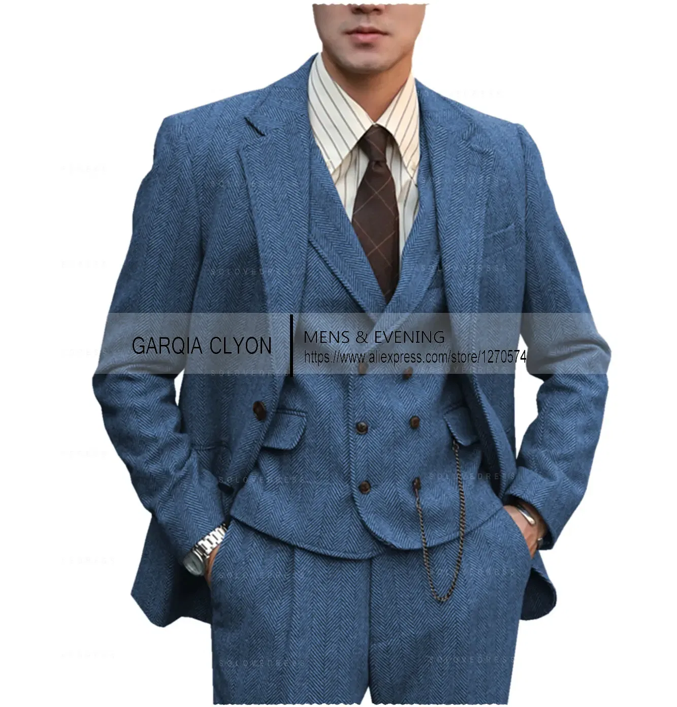 Color: Blue, Size: L - Tweed Herringbone 3 Pieces Herringbone Men's Business Suits Single Breasted Slim Fit Groom  Formal Suits?€Blazer+vest+Pants?‰