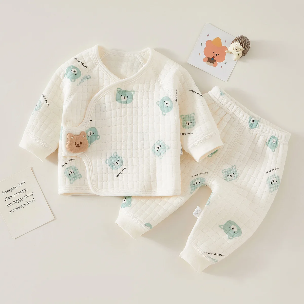 Color: Beige, Kid Size: 6M - Autumn Winter Thermal Underwear Suit Baby Clothing Sets Boys Girls Pajama Sets Baby Warm Sleepwear Cartoon bear Kids Clothes