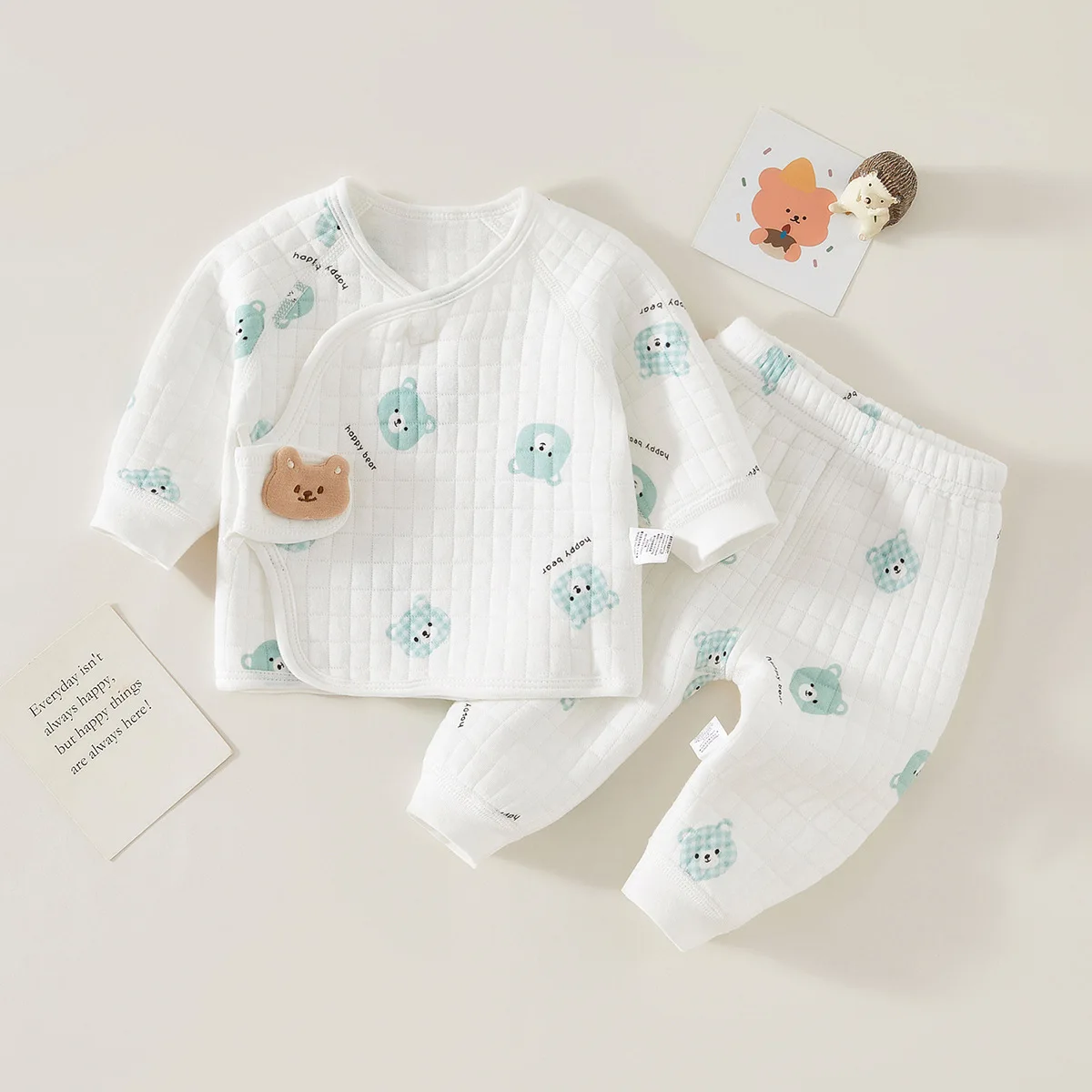 Color: Beige, Kid Size: 6M - Autumn Winter Thermal Underwear Suit Baby Clothing Sets Boys Girls Pajama Sets Baby Warm Sleepwear Cartoon bear Kids Clothes