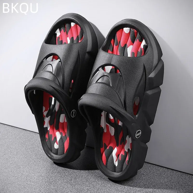 Color: GRAY, Shoe Size: 44 - Men's Beach Slippers Round Toe Lightweight Flat Bottom Waterproof Comfortable Trend Versatile Breathable Non-slip Large Size