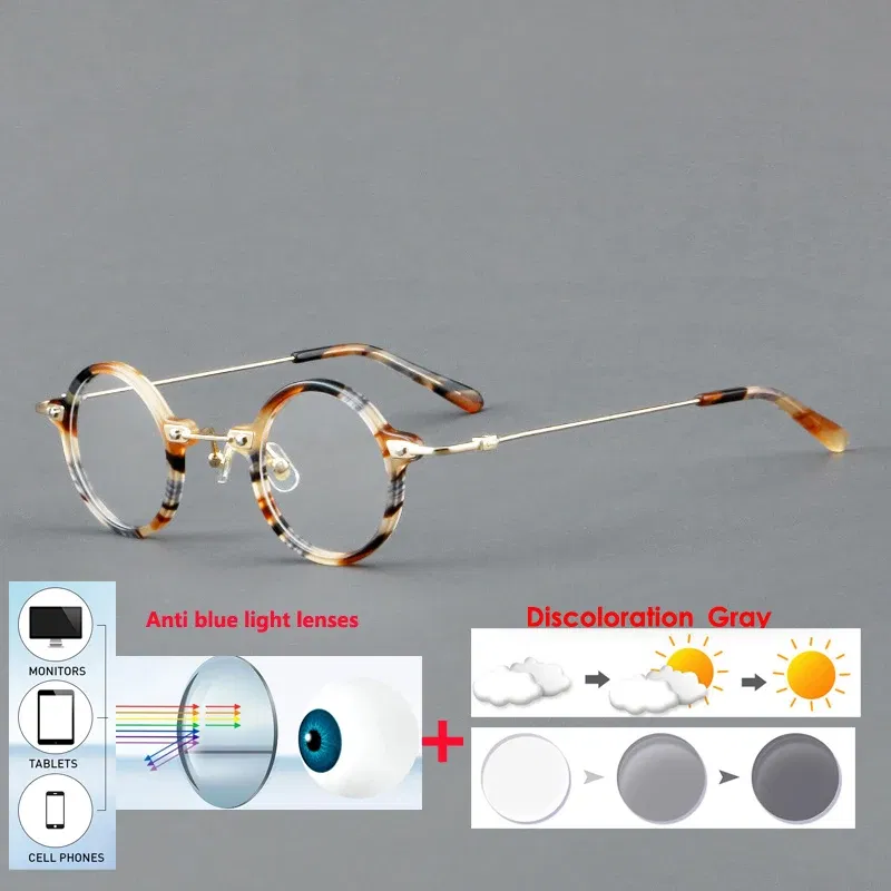 Frame Color: Yellow, Eye Prescription: +150 - VCKA Anti-blue Discolor Acetate+Titanium Myopia Glasses Frames Small Round Men Prescription Optical Women Eyewear -0.50 to -10.0