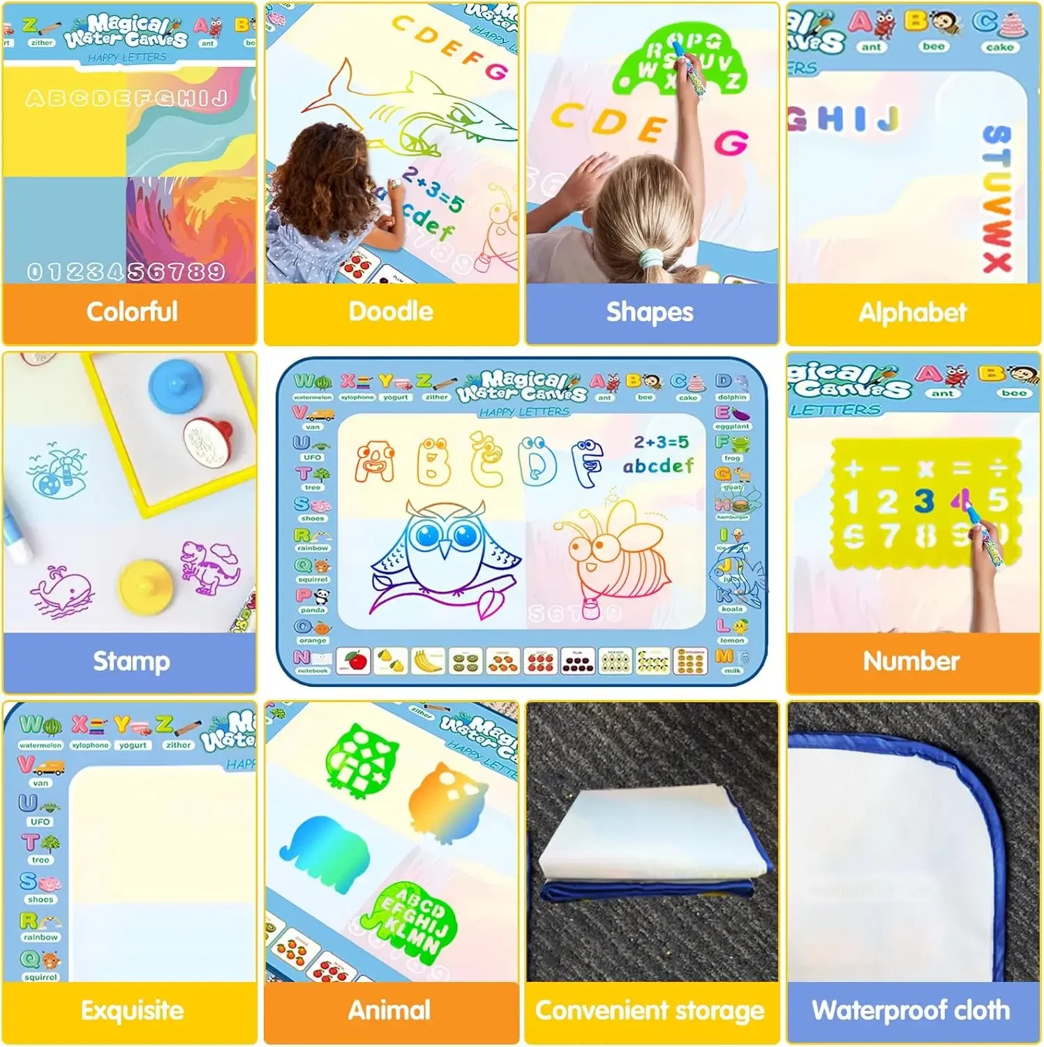 Color: Brown - Magic Water Drawing Mat Coloring Doodle Mat with Reusable Magic Pens Montessori Toys Painting Board Educational Toys for Kids