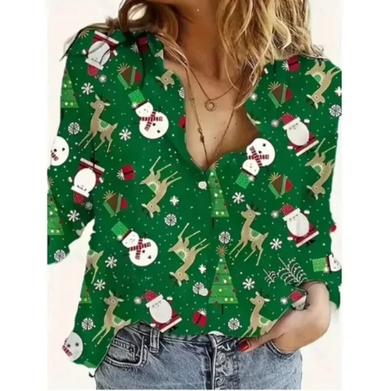 Color: Beige, Size: XXL, Ships From: CHINA - Women New Christmas Shirt Cute Christmas Tree Santa Claus Print Blouses Casual Long Sleeve Button Tops Autumn Blouses Ladies