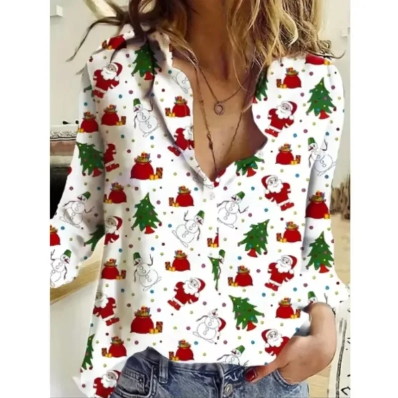 Color: Beige, Size: XXL, Ships From: CHINA - Women New Christmas Shirt Cute Christmas Tree Santa Claus Print Blouses Casual Long Sleeve Button Tops Autumn Blouses Ladies