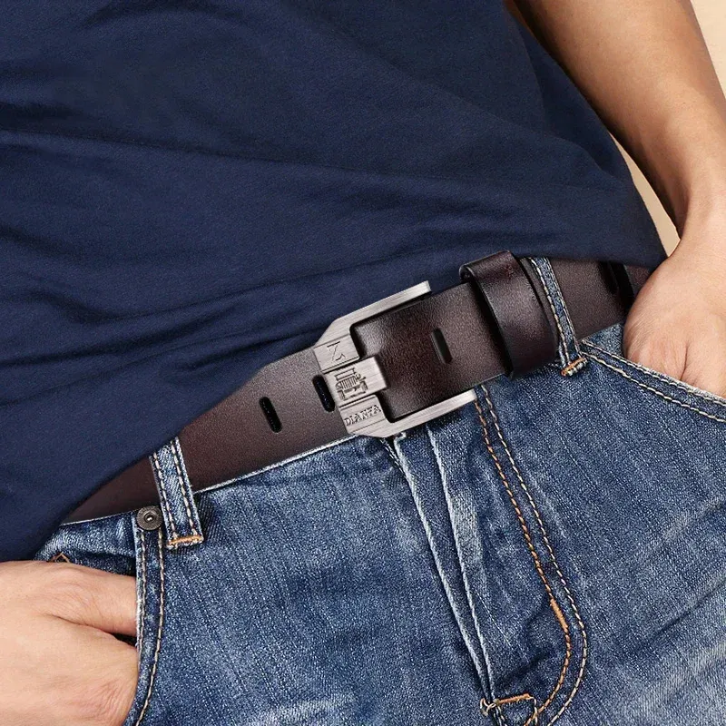 Color: WHITE, Belt Length: 130cm - 130CM Leather Cowhide Men's Belt Fashion Metal Alloy Pin Buckle Adult Luxury Brand Jeans Business Casual Waist Male Strap Brand