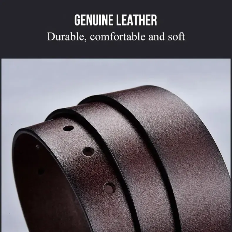 Color: WHITE, Belt Length: 130cm - 130CM Leather Cowhide Men's Belt Fashion Metal Alloy Pin Buckle Adult Luxury Brand Jeans Business Casual Waist Male Strap Brand