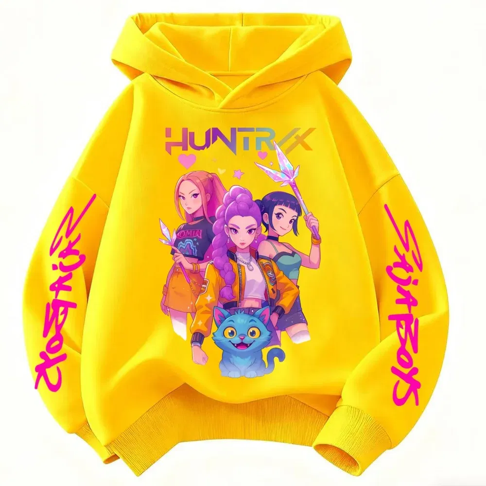 Color: Yellow, Kid Size: 2T - Movie KPop Demon Hunters Rumi Mira Zoey Graphic Hoodie Men's Women Korean Fashion Trend Streetwear Unisex Casual Fleece Pullover