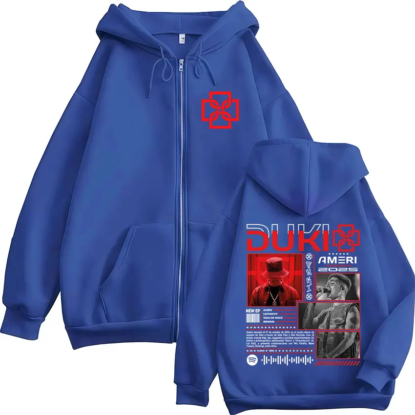Color: SKY BLUE, Size: XL - Rapper Duki Ameri World Tour 2025 Zipper Hoodies Men Women Clothing Fashion Hip Hop Zip Up Hooded Oversized Sweatshirts Jackets