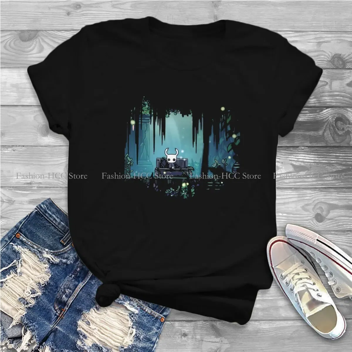 Color: black, Size: XXL - Green Graphic Polyester TShirt Hollow Knight Creative Tops Casual T Shirt Female