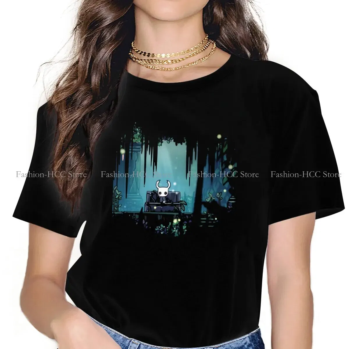 Color: black, Size: XXL - Green Graphic Polyester TShirt Hollow Knight Creative Tops Casual T Shirt Female