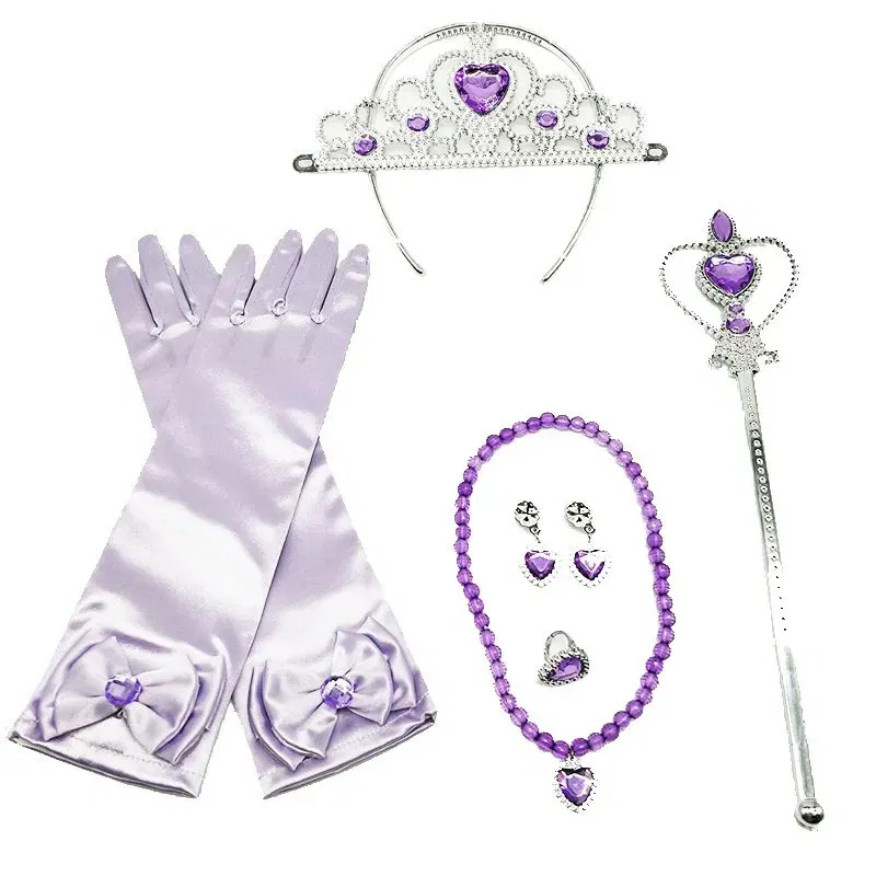 Color: Beige - Girls Princess Accessories Kids Party Costume Aurora Belle Sofia Snow Queen Elsa Anna Magic Wand Crown Tiara Gloves Wig Braid