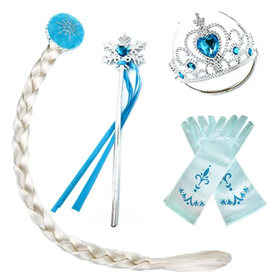 Color: Beige - Girls Princess Accessories Kids Party Costume Aurora Belle Sofia Snow Queen Elsa Anna Magic Wand Crown Tiara Gloves Wig Braid