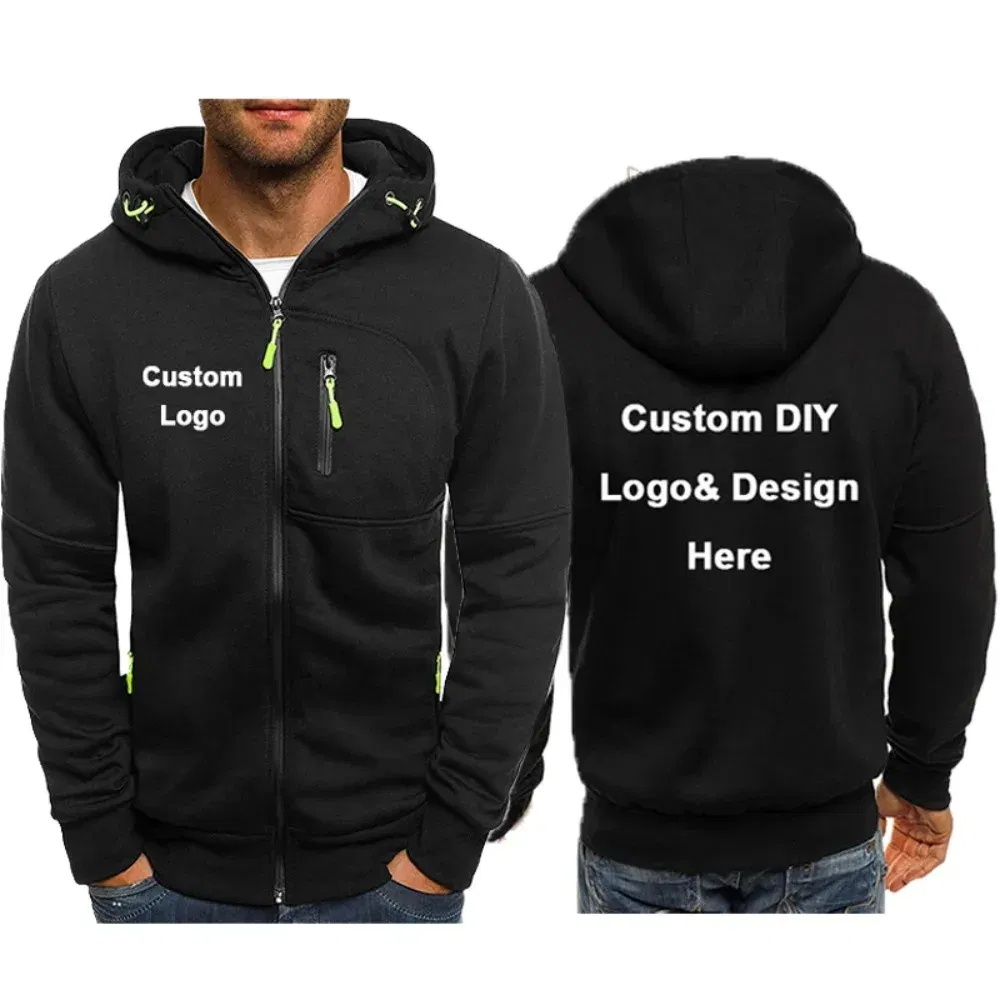 Color: green, Size: M - Men's Hooded Jacket with Pocket Zipper, Customized Image Text with Personalized Logo, Casual Sports Streetwear, Men's Wool Sweat