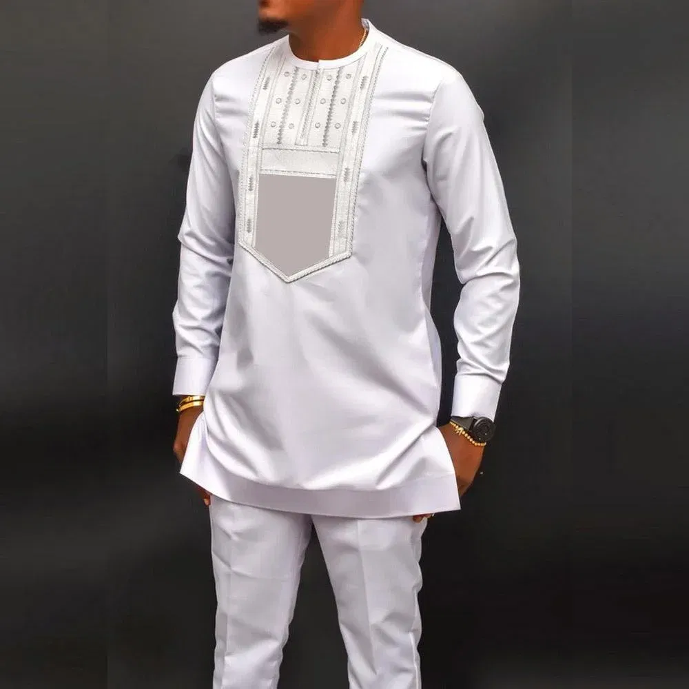 Color: PURPLE, Size: XXXL - 2024 New African Traditional Men's Set Elegant and Fashionable Men's Suit Casual Embroidery Two Piece Set Men's Suit Kaftan