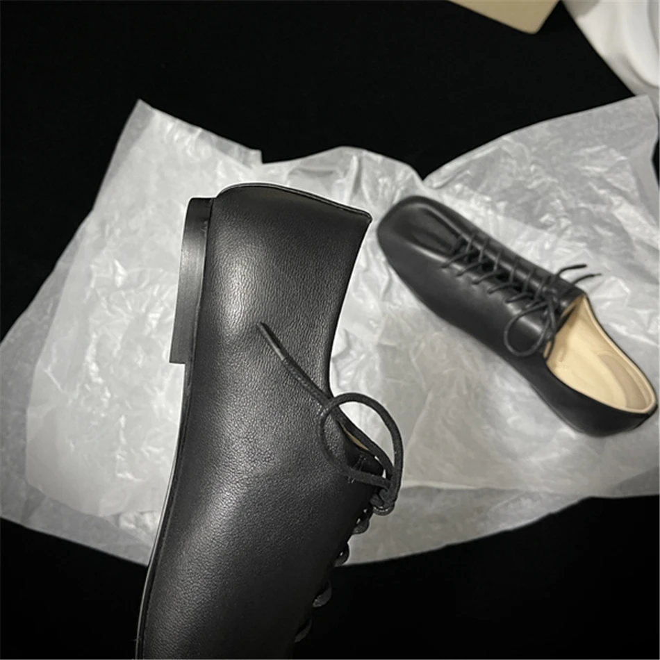 Le*re Sheepskin Oxfords Shoes Square Head DesginTie Up Flat Shoes 2025 New Luxury Design Shoes