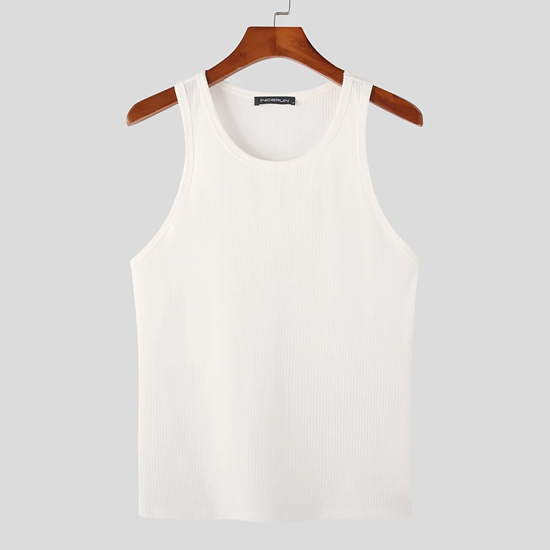Color: WHITE, Size: XXL - INCERUN Men Tank Tops Solid Color O-neck Sleeveless Streetwear Summer Casual Vests Skinny 2023 Fashion Leisure Men Clothing 5XL