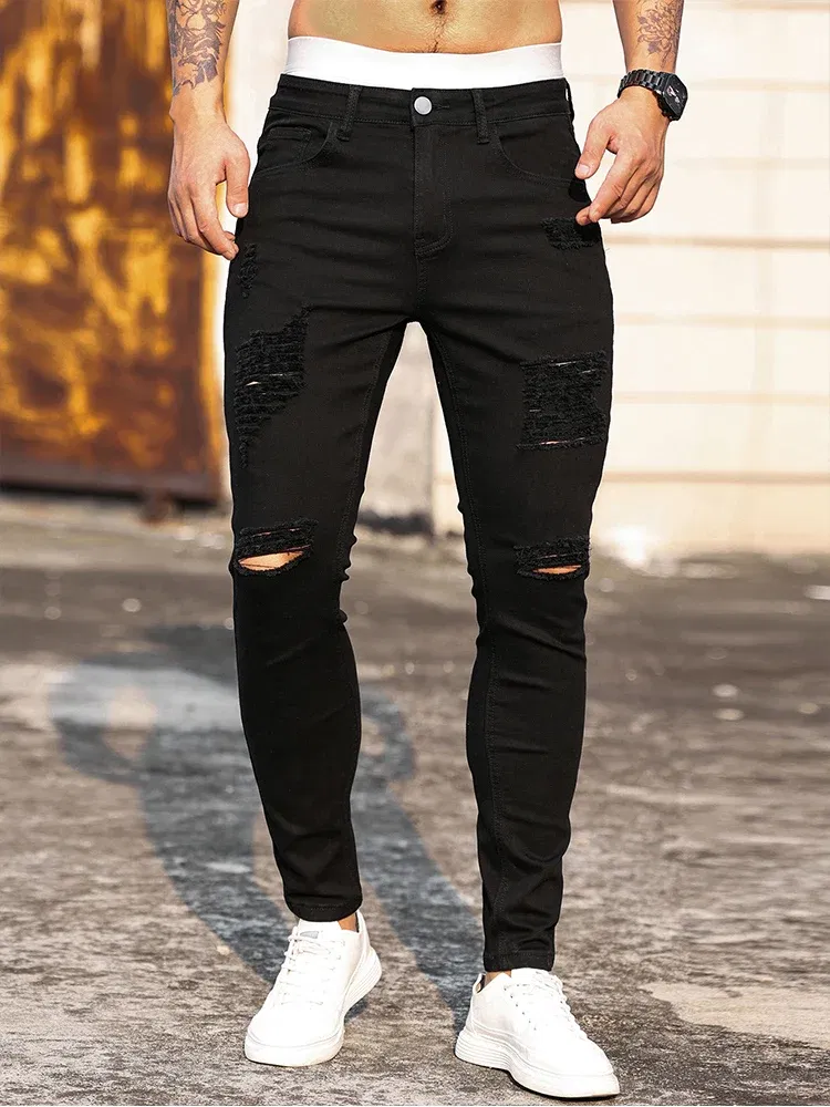 Color: black, Size: L - Fashion Men's Street Ripped Jeans Pure Black Stretch Tight Small Foot Pencil Pants Boyfriend Club Clothing Denim Ropa Hombre