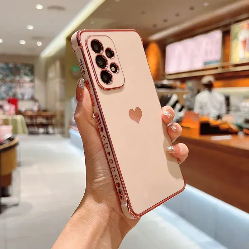 Color: Khaki, Compatible-Phone Models: For iPhone SE (2022), Ships From: CHINA - Electroplating Side Love Heart Phone Case For Samsung Galaxy S25 Ultra S24 S23 S22 A16 A55 Protect Lens Shockproof Back Cover
