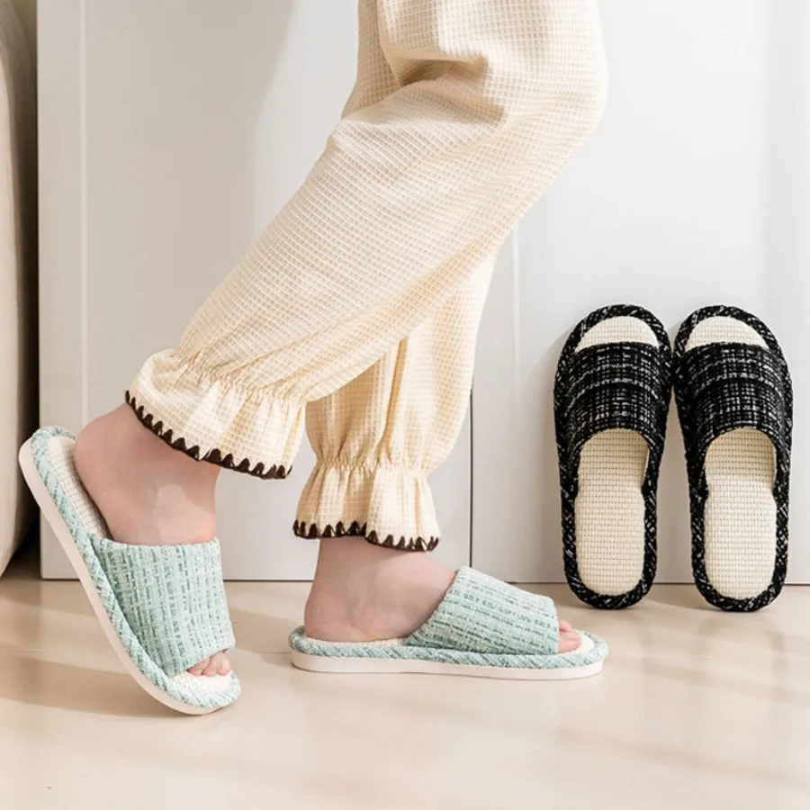 Color: Grape, Shoe Size: 38-39 - 2024 New Women's Fashion Home Linen Couple Slippers Breathable Home Shoes Moisture Absorbing Anti slip Cotton Linen Slippers