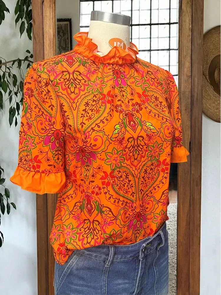 Women's Elegant  Blouse Puff Sleeve Paneled Graphic Print Top