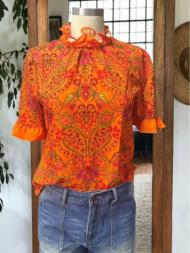 Women's Elegant  Blouse Puff Sleeve Paneled Graphic Print Top