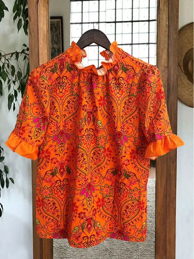 Women's Elegant  Blouse Puff Sleeve Paneled Graphic Print Top