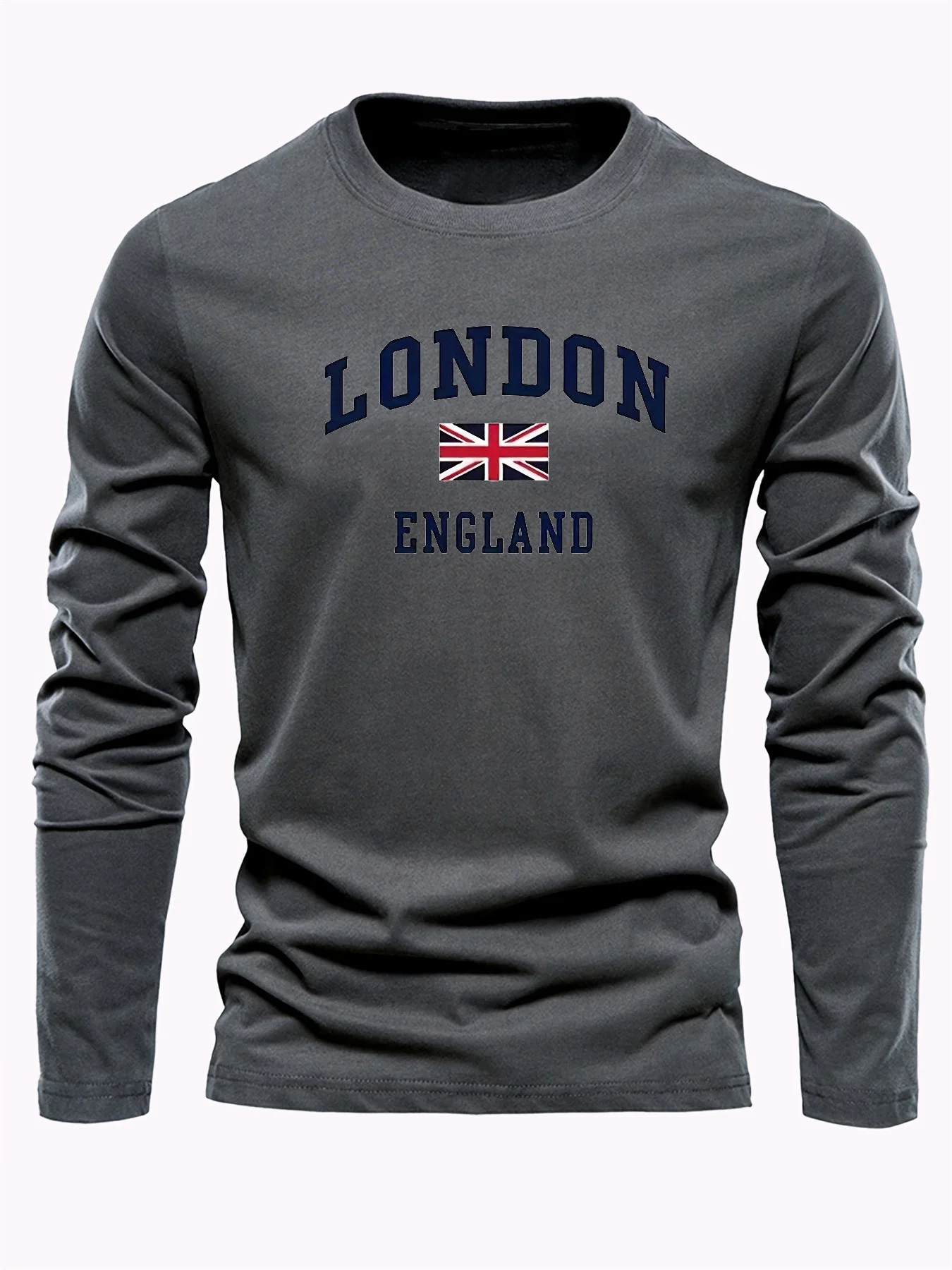Color: GRAY, Size: XL - Spring and Autumn 100% Cotton Men's London ENGLAND Letter Printed Loose Sport and Leisure Round Neck Long Sleeve T-shirt