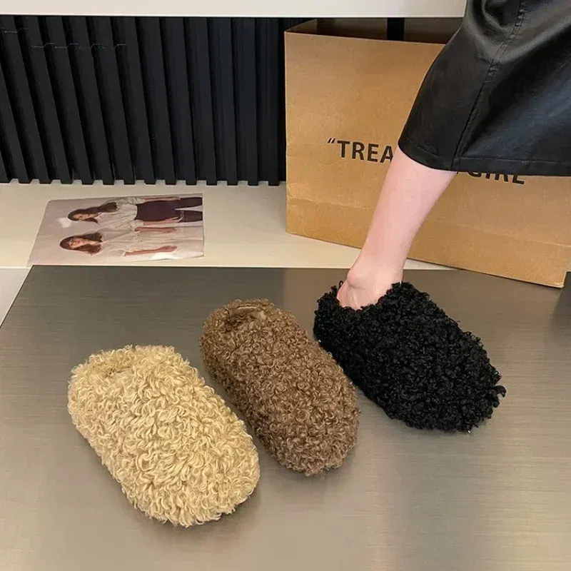 Color: Beige, Shoe Size: 35 - Thick Heel Luxury Lambwool Mules  Winter Shoes Woman Flip Flops Flat Cover Toe Slides Ins Warm Curly Lamb Fur Slippers Women
