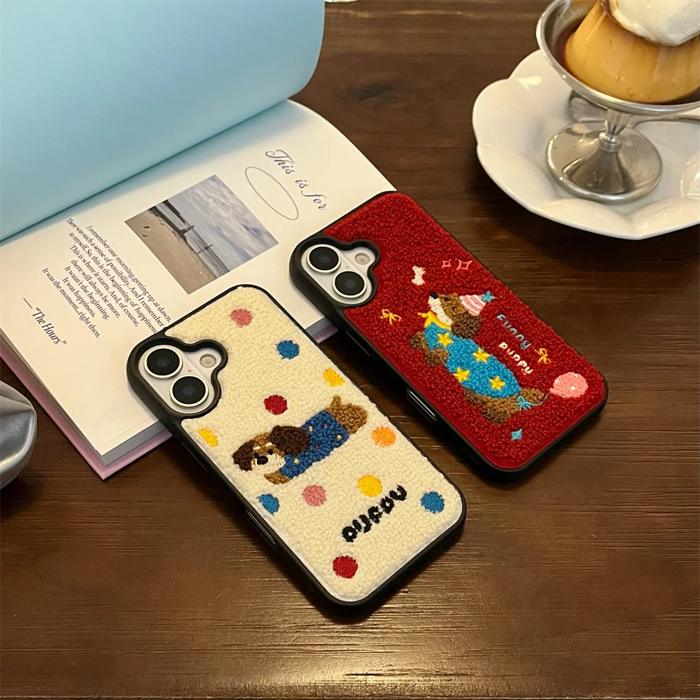 Color: Beige, Material: ABS - Luxury Cartoon Embroidery Cute Dog Cats Colorful Dots Phone Case For iPhone 13 14 15 16 Pro Max Plush Winter Shockproof Cover