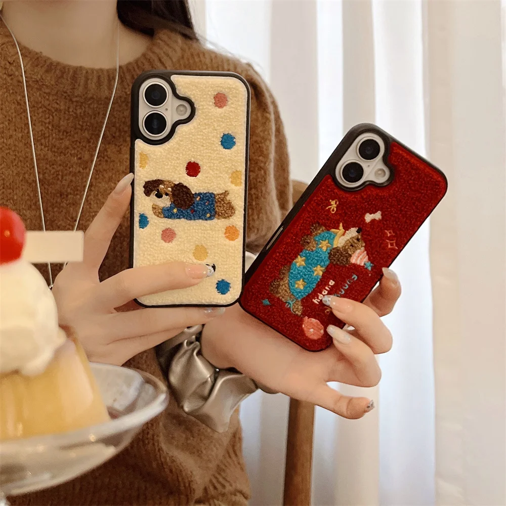 Color: Beige, Material: ABS - Luxury Cartoon Embroidery Cute Dog Cats Colorful Dots Phone Case For iPhone 13 14 15 16 Pro Max Plush Winter Shockproof Cover