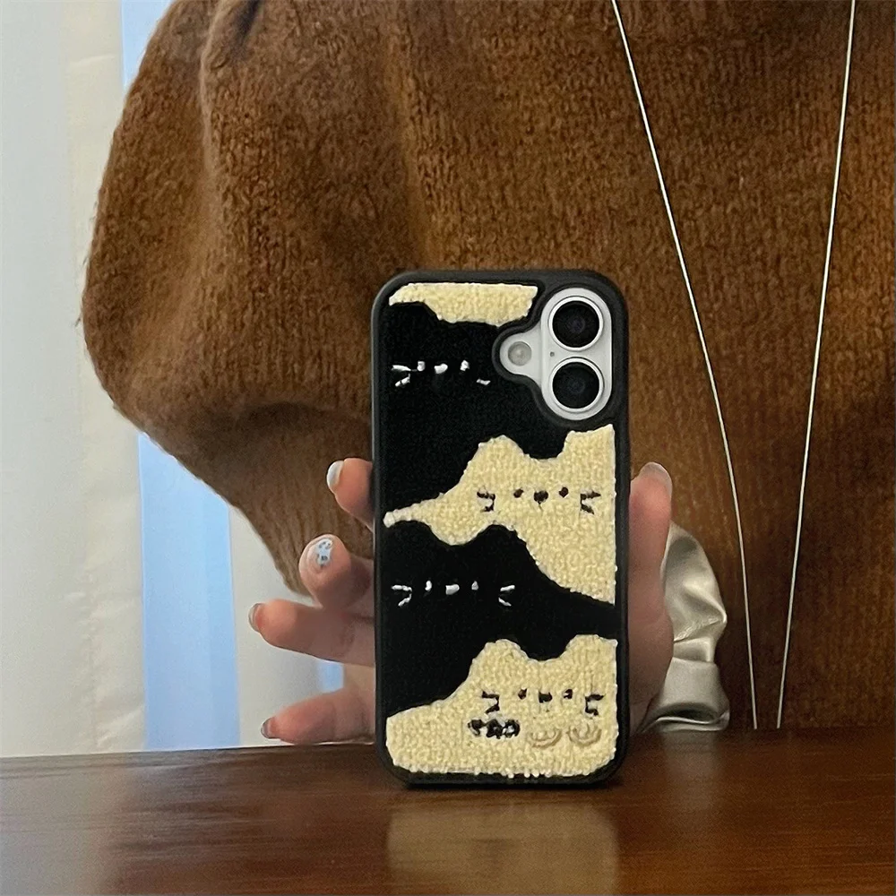 Color: Beige, Material: ABS - Luxury Cartoon Embroidery Cute Dog Cats Colorful Dots Phone Case For iPhone 13 14 15 16 Pro Max Plush Winter Shockproof Cover