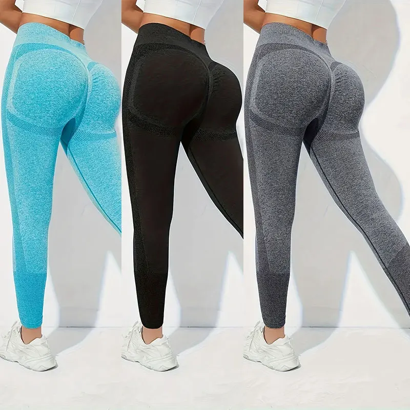 Size: L, Color: Beige - Yoga Basic 3pcs Fitness Gym Tights Seamless Hip-hugging Tummy Control Yoga Leggings With Punch Out Holes