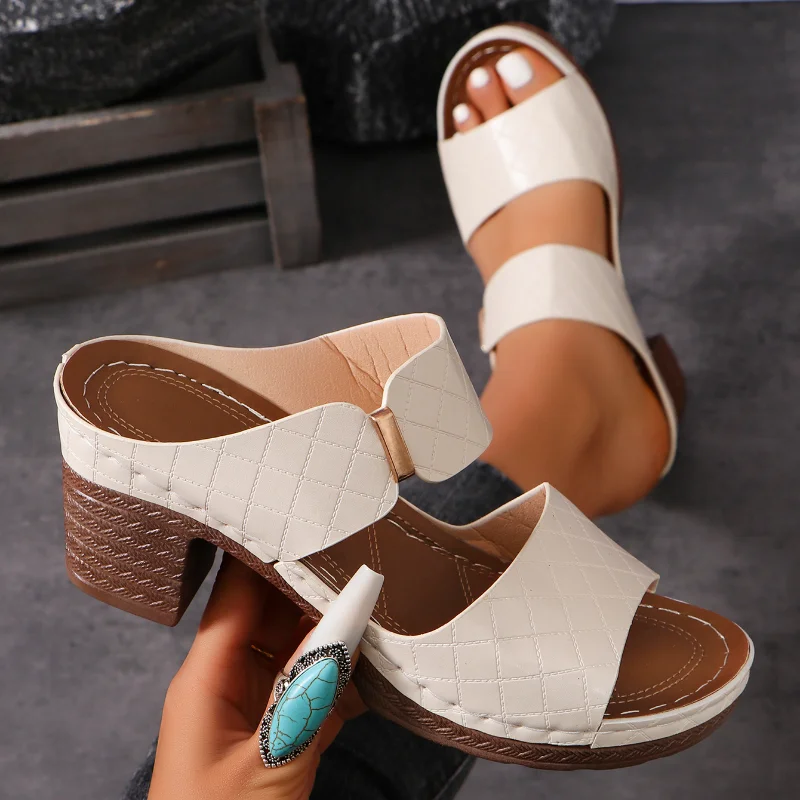 Color: GRAY, Shoe Size: 37 - Women Summer Lightweight Hollow Sandals High Heels New Dress Chunky Open Toe Slippers Female 2024 Casual Slingback Slides Shoes