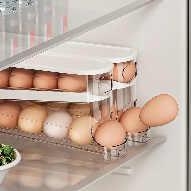 Color: Blue - Bilayer Fridge Egg Storage Box Automatic Rolling Eggs Holder Rack Ladder Style Refrigerator Eggs Dispenser Egg Organizers Holder