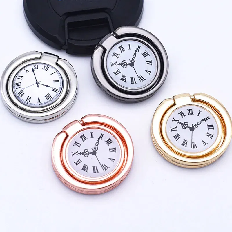 Color: black - Clock Mobile Phone Ring Holder Full Metal Mobile Phone Ring Buckle Clock Ring Buckle 360-degree Rotating Universal Bracket