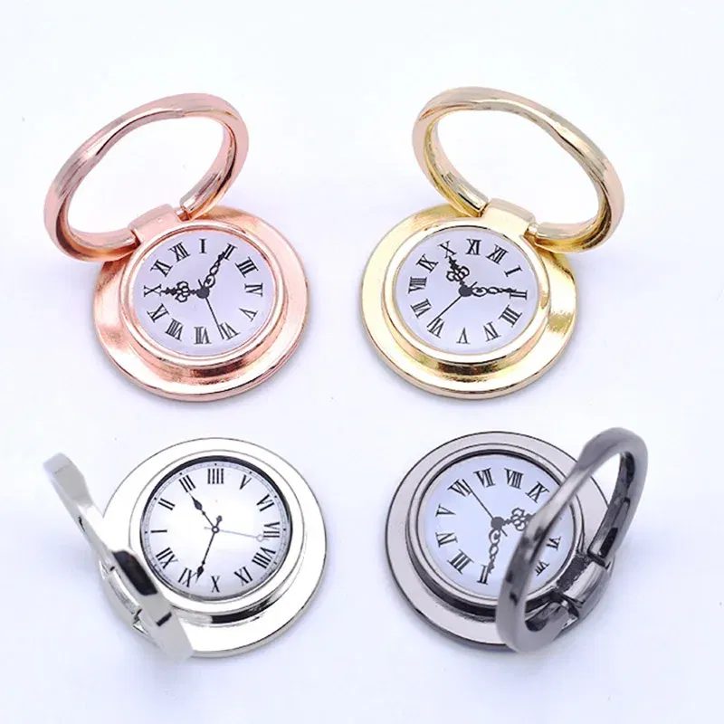 Color: black - Clock Mobile Phone Ring Holder Full Metal Mobile Phone Ring Buckle Clock Ring Buckle 360-degree Rotating Universal Bracket