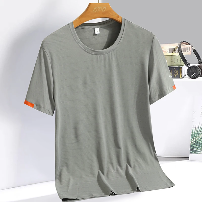 Color: black, Size: XXXL - Men's Silk Ice Round Collar T-shirt, Simple Running Fitness Suit, Breathable Thin T-shirt, Quick Dry T-shirt, Summer