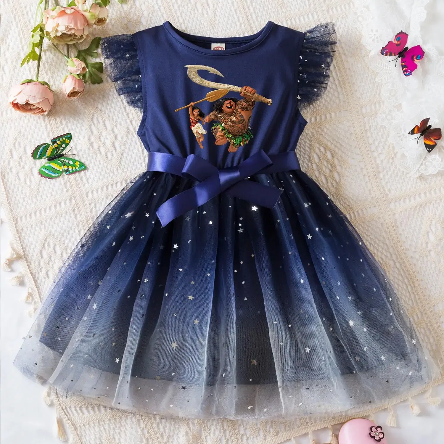Color: Blue, Size: XL - Moana Summer Toddler Girl Dress Princess Star Baby Girls Clothes Tulle Tutu Dress for Children Party Dress 2-6Y