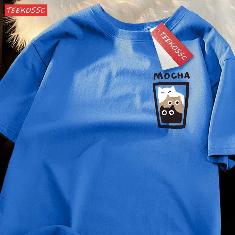 Color: ROYAL BLUE, Size: S - Mocha Latte Couple Outfit Cat Coffee Couple Male T-Shirts Graphic Cool Tee Shirt High-Quality Oversized Tshirt Comfort Soft