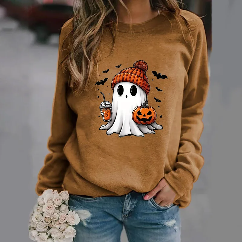 Color: Dark Brown, Size: S - Cute Ghost Pattern Sweater Women's Casual Halloween Ghost Harajuku Pullover Fall Women's Tops