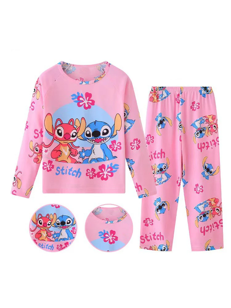 Color: Pink, Kid Size: 7 - 2pcs/set New Disney Stitch Children Pyjamas for Boys and Girls Sets Kid Minnie Home Wear Travel Casual Sleepwear Suit Cute Gift