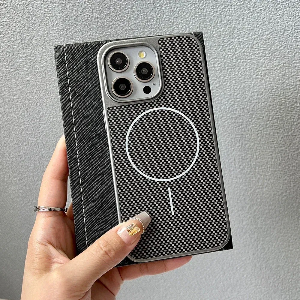 Color: black, Compatible-Phone Models: For iPhone 16 Pro Max - Carbon Fiber Textured Magnetic Phone Case For iPhone 16 Pro Max 15 14 13 12 Shockproof Soft Cover For Magsafe Wireless Charging
