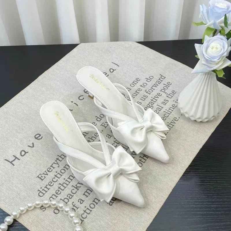 Color: Pink, Shoe Size: 37 - Fairy Style Pink Cool Slippers for Women's Summer 2024 French Pointed Bow Hollow High Heels, Half Wrapped Women's Slippers