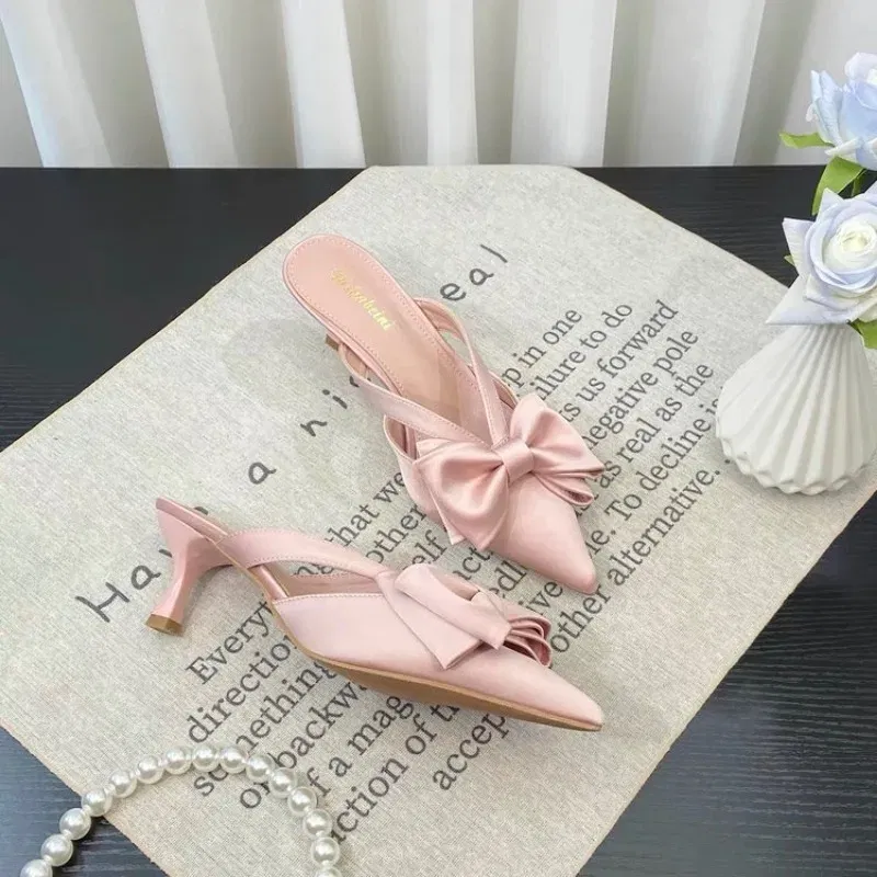 Color: Pink, Shoe Size: 37 - Fairy Style Pink Cool Slippers for Women's Summer 2024 French Pointed Bow Hollow High Heels, Half Wrapped Women's Slippers