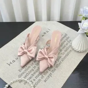 Color: Pink, Shoe Size: 37 - Fairy Style Pink Cool Slippers for Women's Summer 2024 French Pointed Bow Hollow High Heels, Half Wrapped Women's Slippers