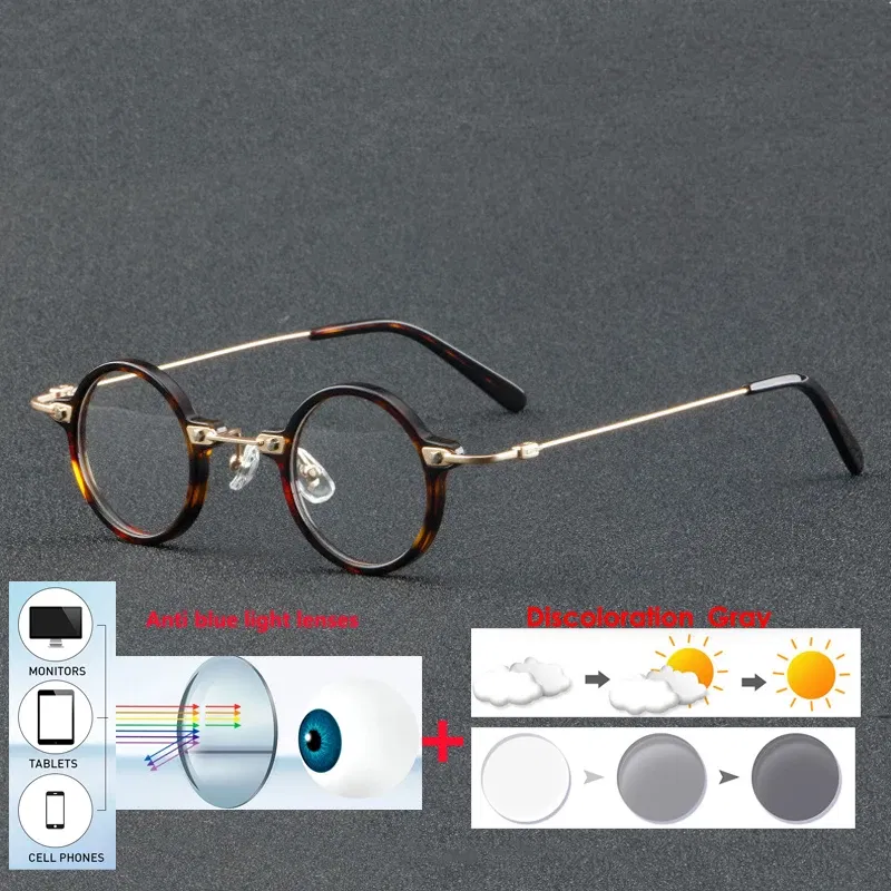 Frame Color: WHITE, Eye Prescription: +250 - VCKA Anti-blue Discolor Acetate+Titanium Myopia Glasses Frames Small Round Men Prescription Optical Women Eyewear -0.50 to -10.0