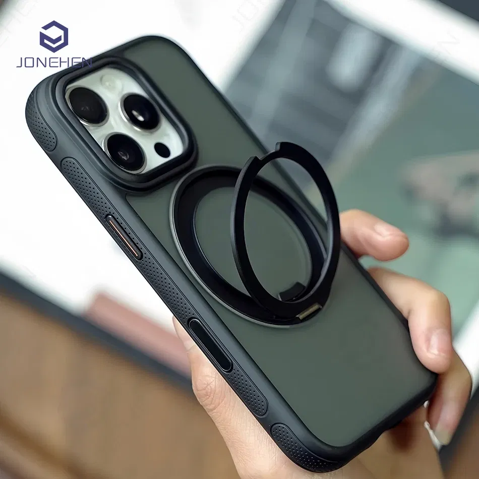 Color: black, Material: Cotton - 360?° Rotation Ring Stand Magnetic Case For iPhone 13 14 15 16 17 Pro Max 16E Matte Military Shockproof Armor Cover For Magsafe